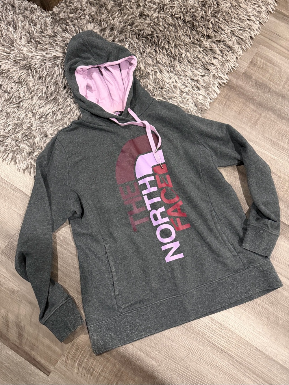 The North Face Dark Gray Pullover Hoodie with Pink Accents